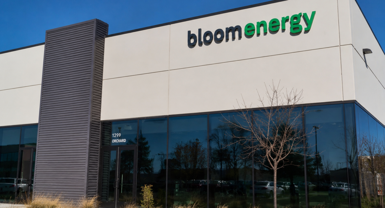 Bloom Energy logo displayed on the exterior of a modern office building