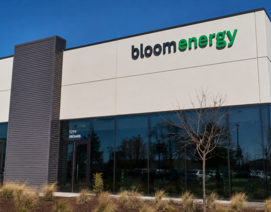 Bloom Energy logo displayed on the exterior of a modern office building