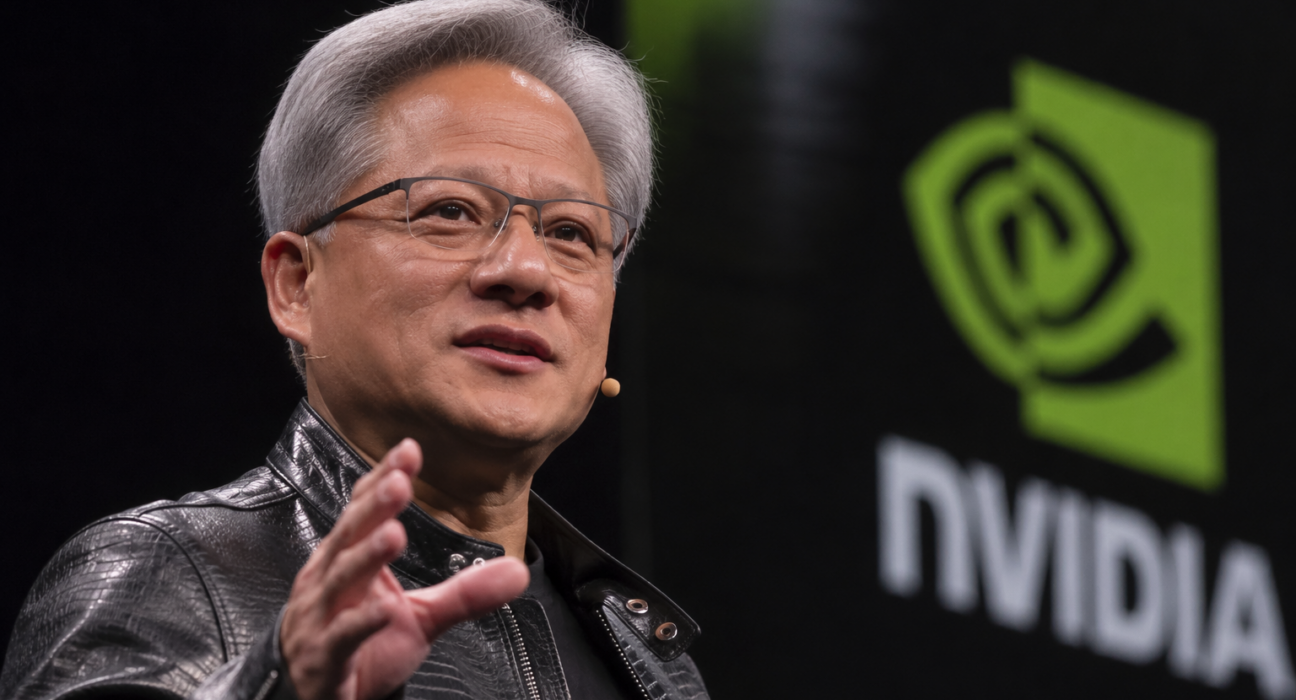 Jensen Huang speaks on stage beside a large Nvidia logo during a technology event.