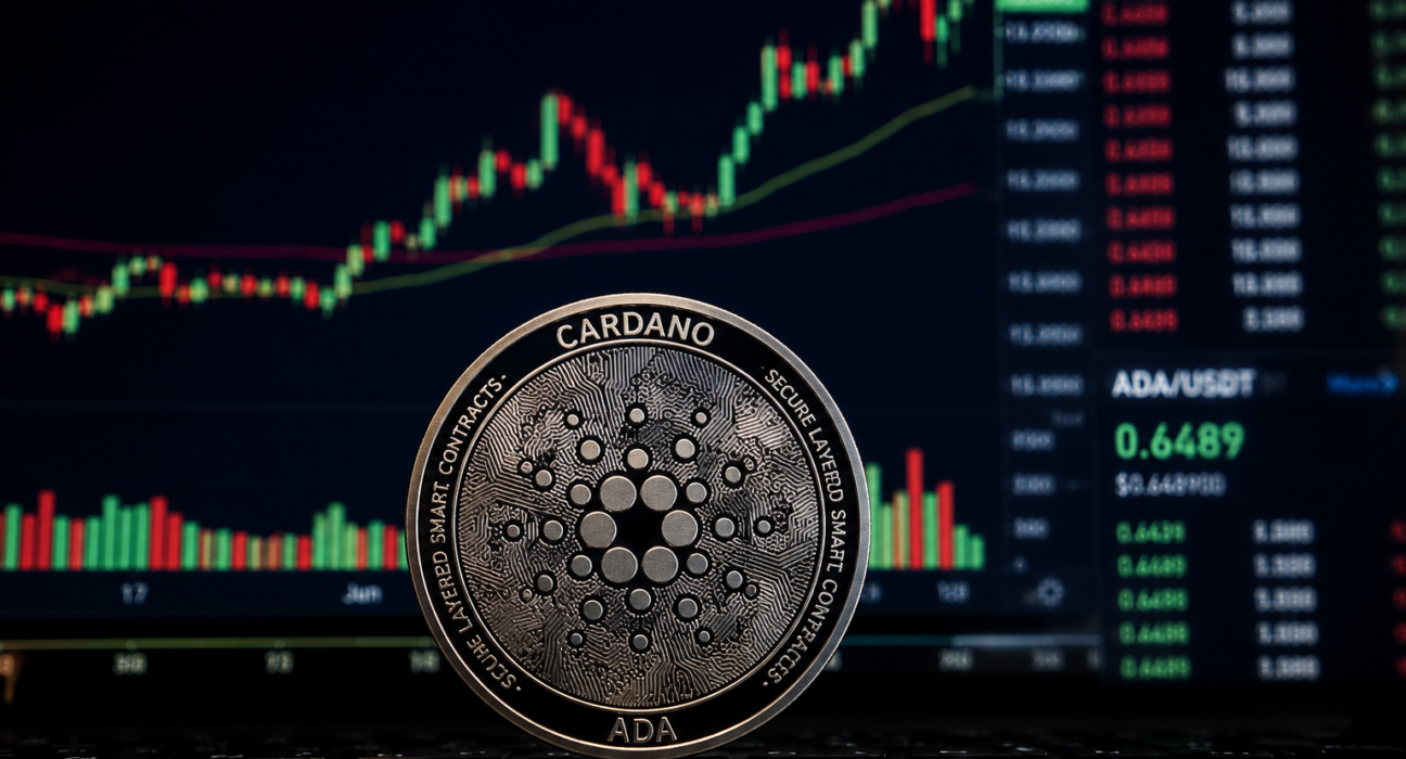 Cardano ADA coin stands in front of a trading screen showing a rising crypto price chart.
