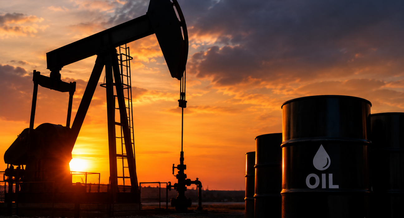 Sunset Pumpjack and Oil Barrels
