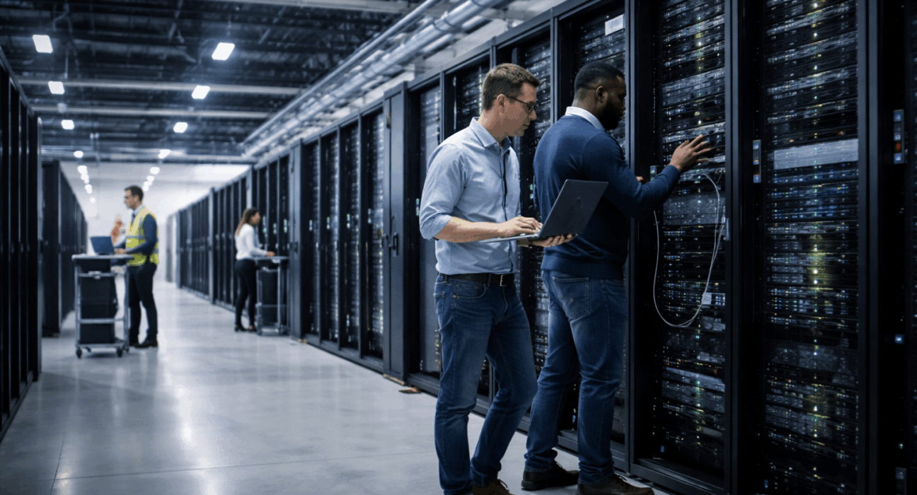 Experts checking Coreweave servers on data center