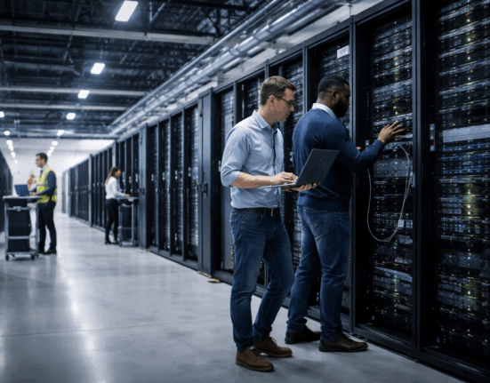 Experts checking Coreweave servers on data center