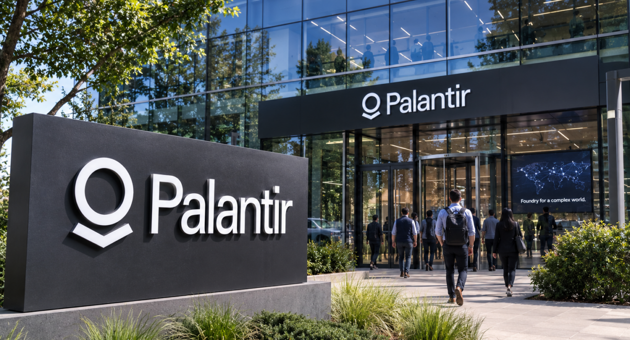 Palantir office exterior with the company’s name displayed prominently on a modern corporate building.