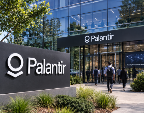 Palantir office exterior with the company’s name displayed prominently on a modern corporate building.