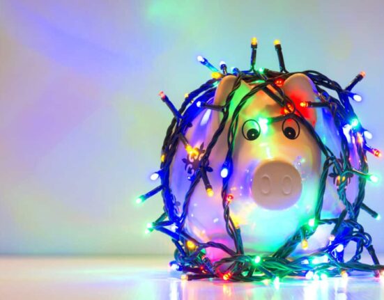 Piggy bank wrapped in Christmas string lights
